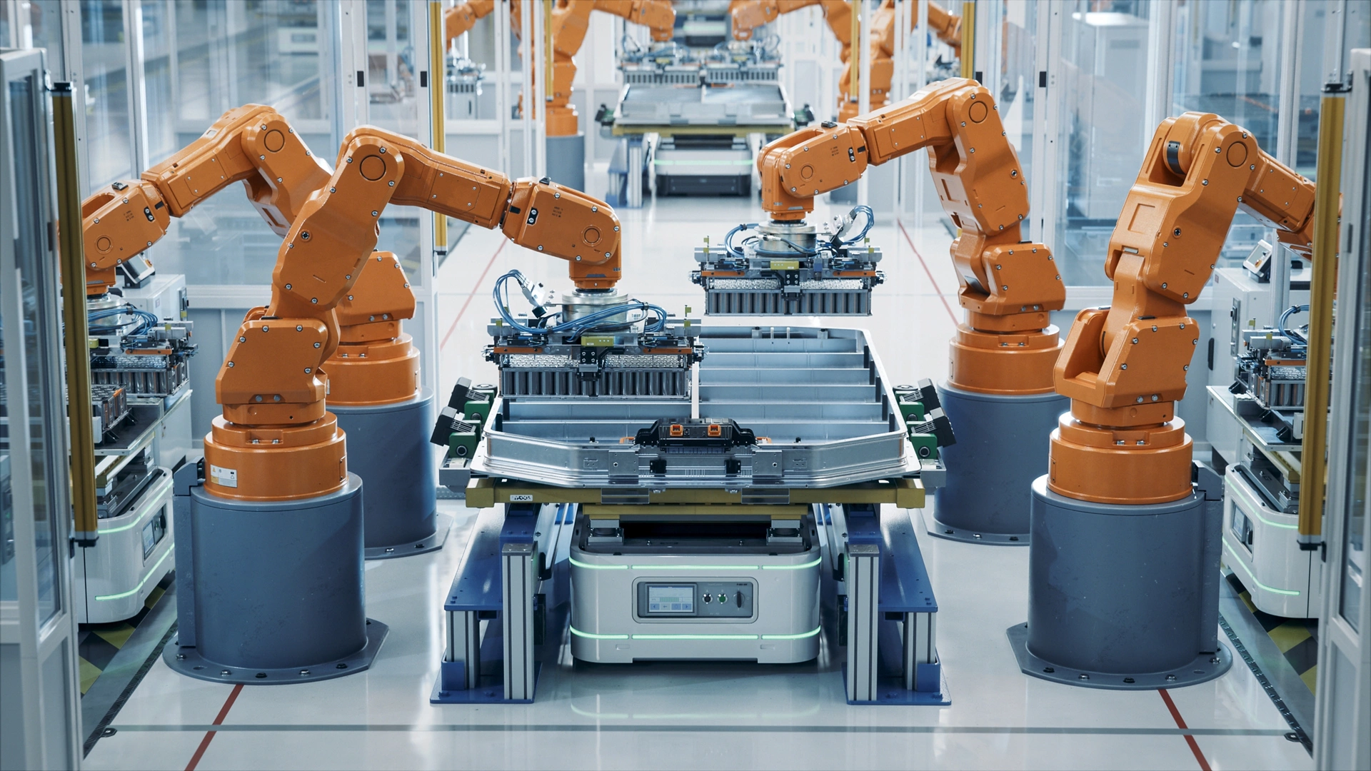 Modern Electric Car Automated Smart Factory. EV Battery Pack Production Line Equipped with Orange Advanced Robot Arms Row of Robotic Arms inside Bright Plant Assemble Batteries for Automotive Industry; Shutterstock ID 2374447391; purchase_order: Enterprise MARCOM; job: Emerson.com; client: Webstie; other: Requested by Susan Tencio