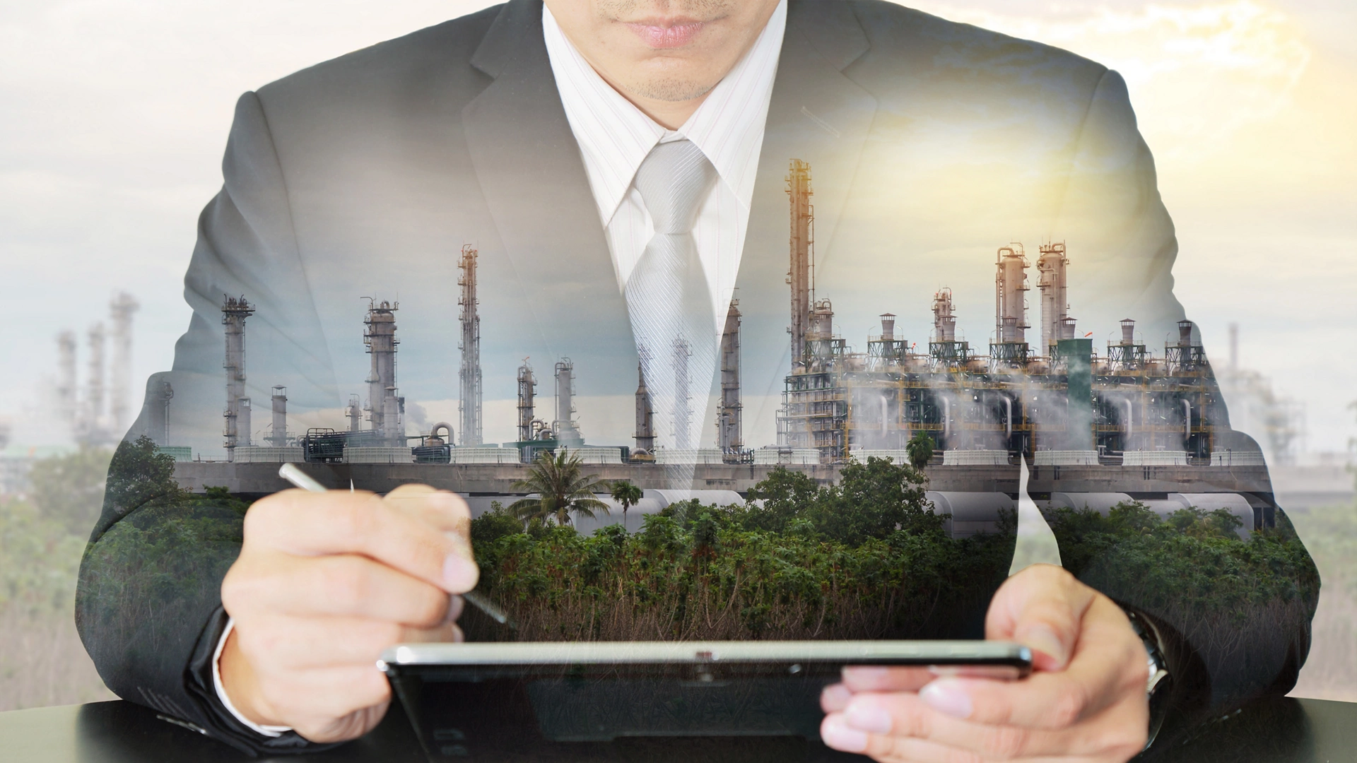 Double exposure of businessman working with tablet, gas refinery industry plant, power electric factory and sunset as technology, Communication and Research of Energy concept.; Shutterstock ID 517716556; purchase_order: Enterprise MARCOM; job: Shutterstock Images for Industry Growth Program; client: Various; other: Requested by Mari Manciu