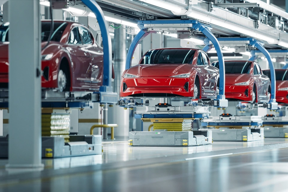 EV Production Line on Advanced Automated Smart Factory. High Performance Electric Car Manufacturing. Car Batteries Installation on Electric Vehicles on Assembly line. Automotive Plant.; Shutterstock ID 2374438937; purchase_order: Enterprise MARCOM; job: Emerson.com; client: Website; other: Requested by Susan Tencio