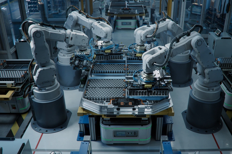 Electric Car Battery Manufacturing. Industrial Robot Arms Assemble Lithium-Ion EV Battery Pack Inside Automotive Smart Factory. White Robotic Arms at Automated Production Line; Shutterstock ID 2464757857; purchase_order: Enterprise MARCOM; job: Emerson.com; client: Web; other: Requested by Susan Tencio
