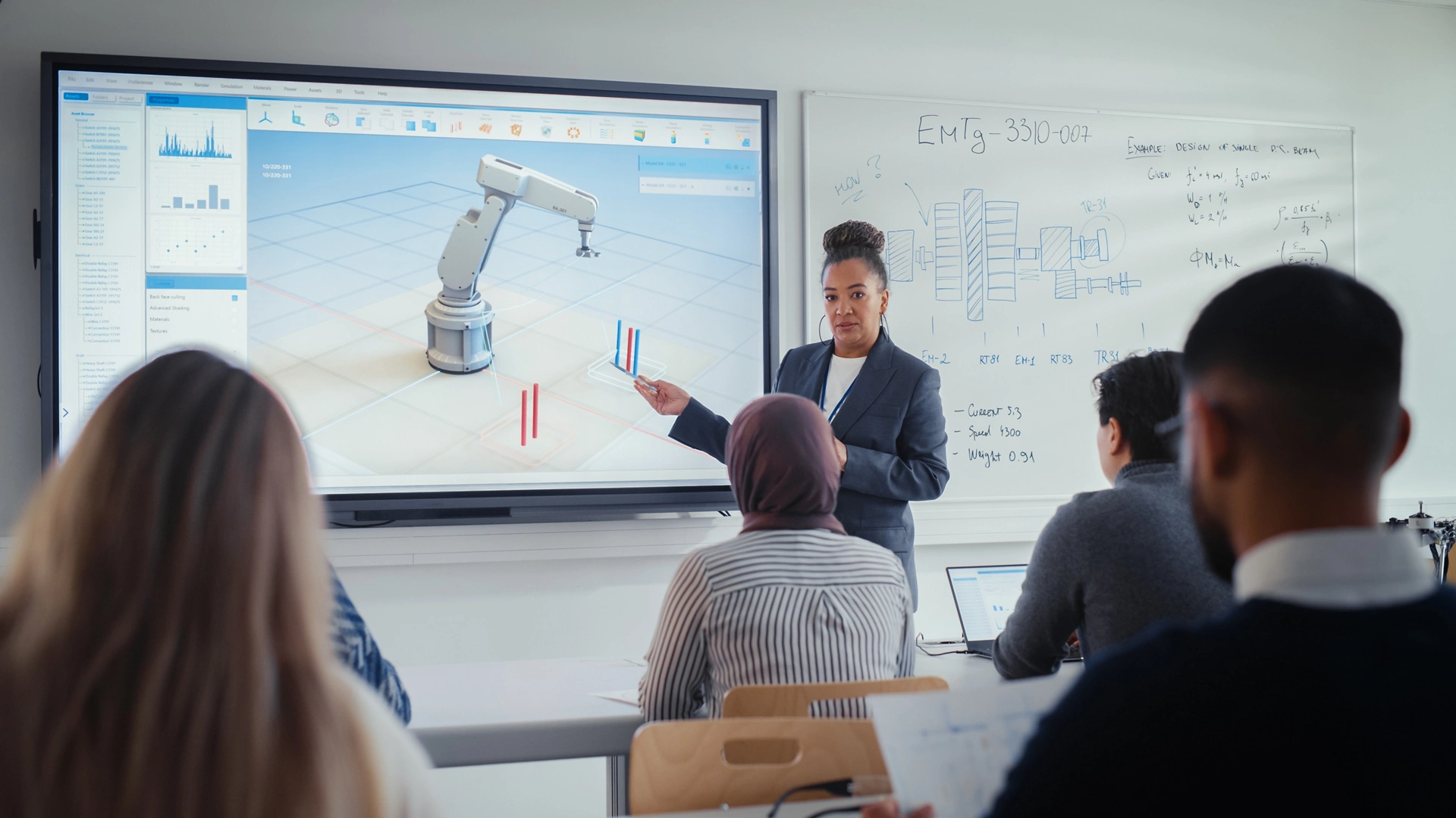 Female Professor Standing Next to Interactive Whiteboard and Teaching Diverse Students Innovations in Robotics. Computer Science and Modern Technologies in Higher Education Concept.; Shutterstock ID 2202118049; purchase_order: Enterprise MARCOM; job: Shutterstock Images for Test & Measurement; client: Various; other: Requested by Meredith DeLeon & Allie Verlander