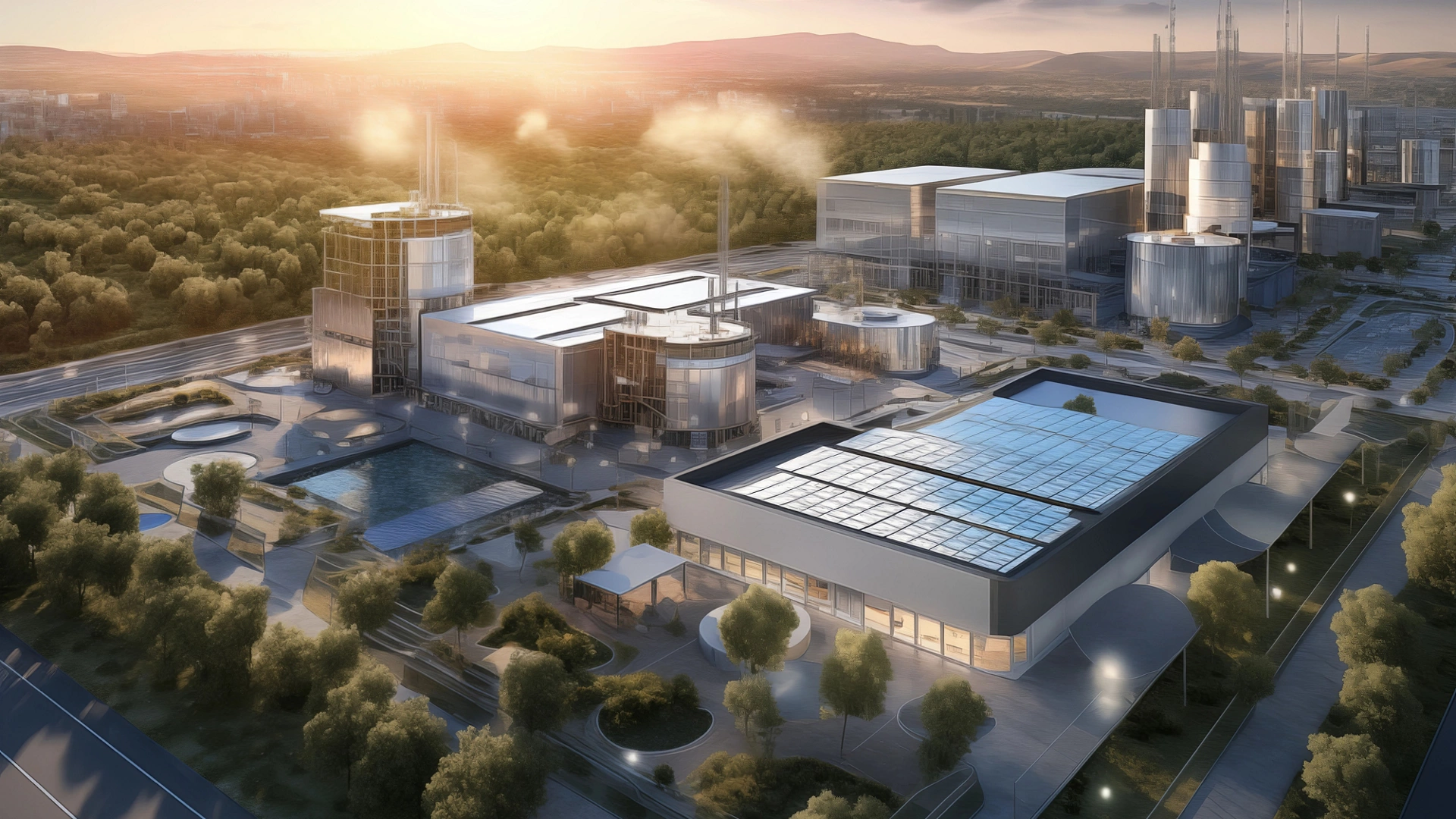 modern-industrial-facility-with-solar-panel-rooftops-towers-and-processing-buildings-surrounded-by-greenery-at-sunset