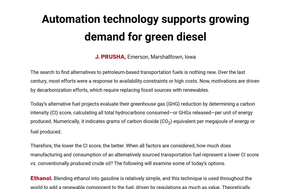 La tecnologia di automazione supporta la domanda crescente di gasolio verde