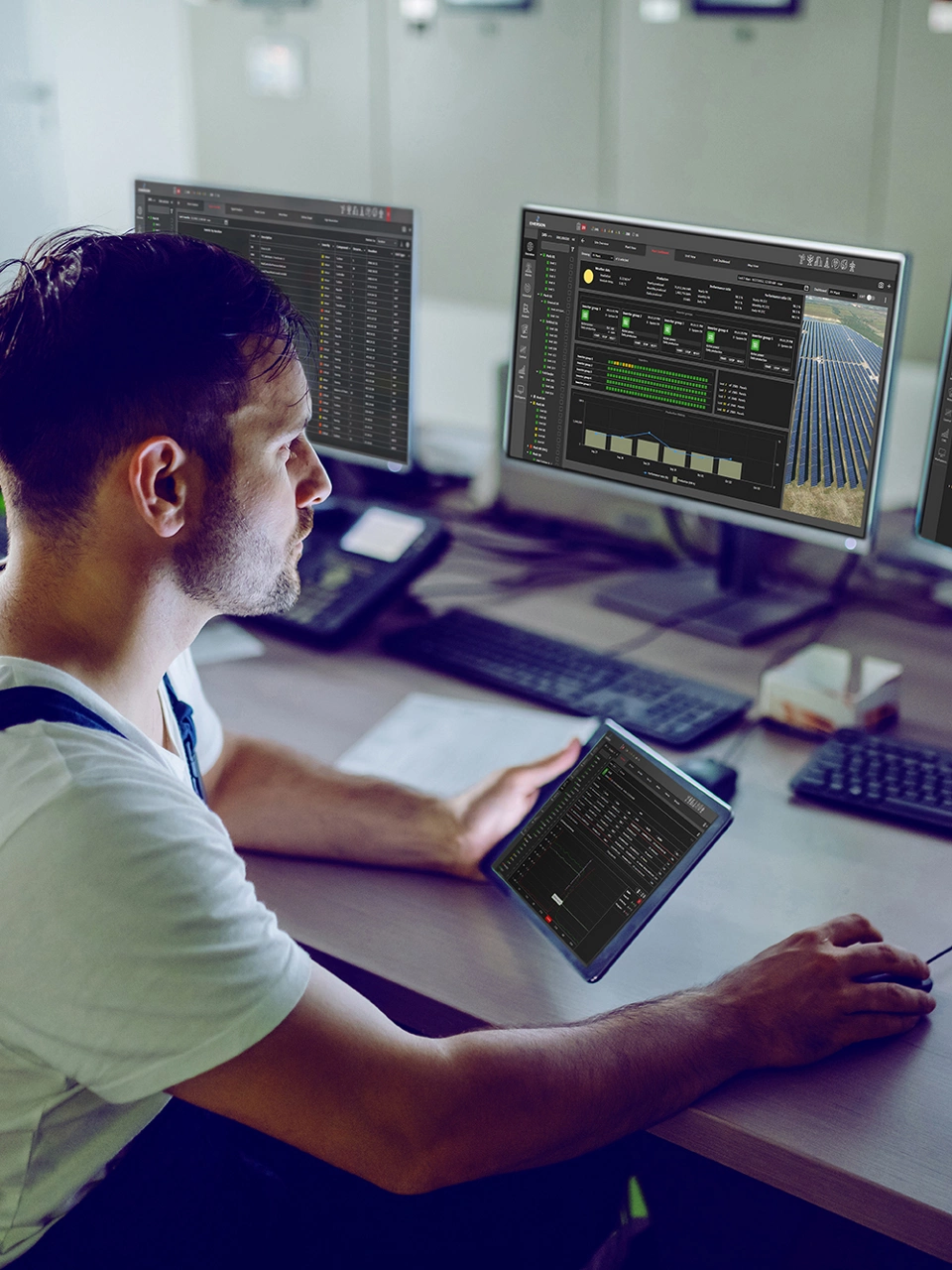 Hardworking plant worker sitting in control room, holding tablet and using computer for monitoring.
