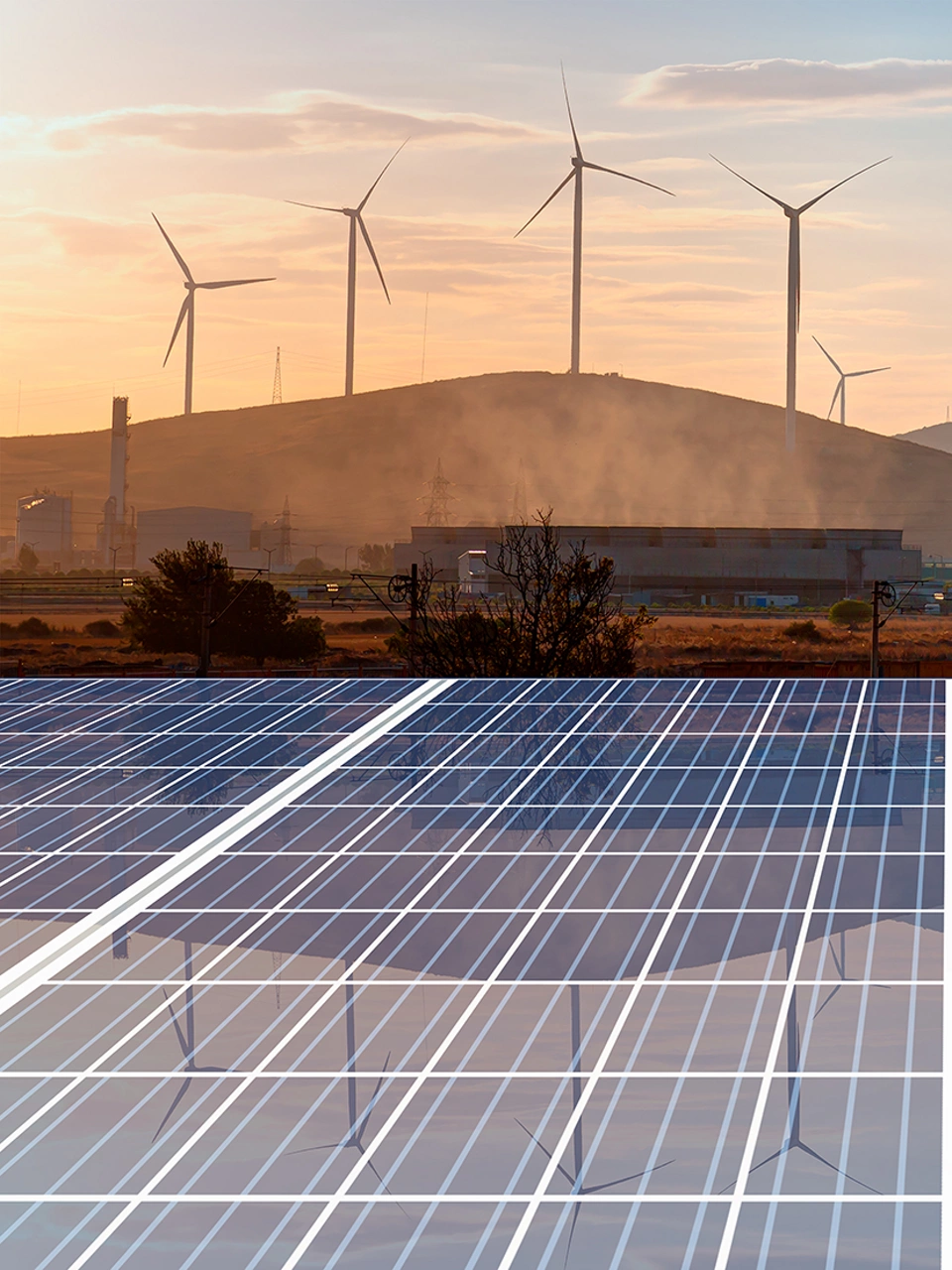 Natural gas processing plant with Renewable energy wind turbines generating electricity reflection to solar panels at sunset - Industrial concept 