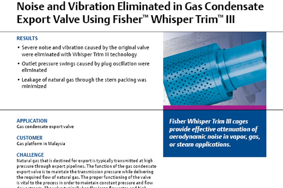 Élimination du bruit et des vibrations dans une vanne d’exportation de condensat de gaz grâce à la cage Fisher Whisper Trim III
