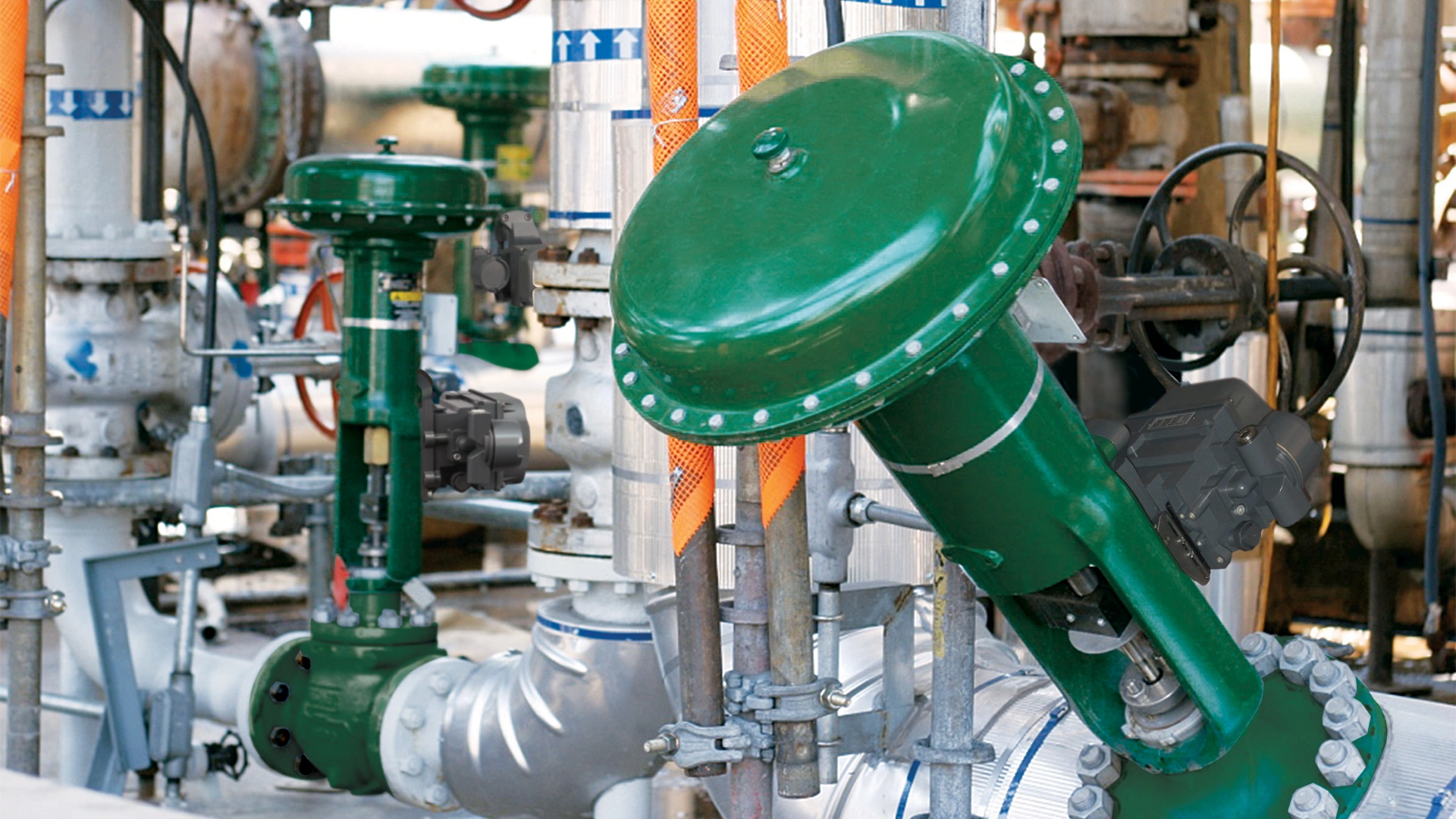Pneumatic globe control valves installed in an industrial process pipeline