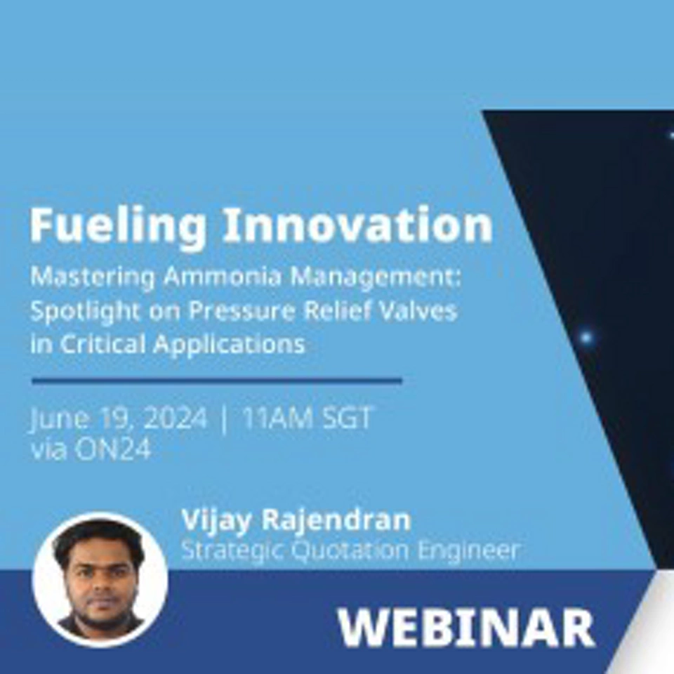 Webinar: Domínio da gestão amônia: destaque para válvulas de alívio de pressão em aplicações críticas (em inglês)