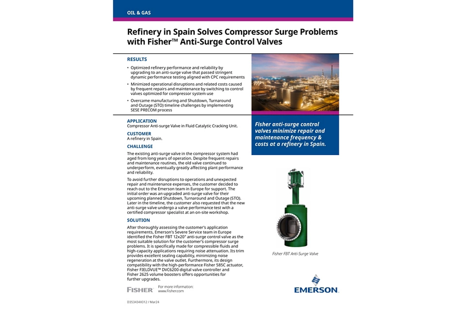 Estudo de caso: refinaria na Espanha resolve problemas de surto do compressor com as válvulas de controle antissurto da Fisher