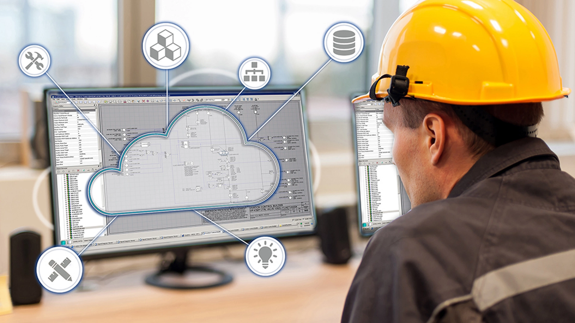 Maintenance engineer inspect relay protection system from control computer center. Bay control unit. Medium voltage switchgear