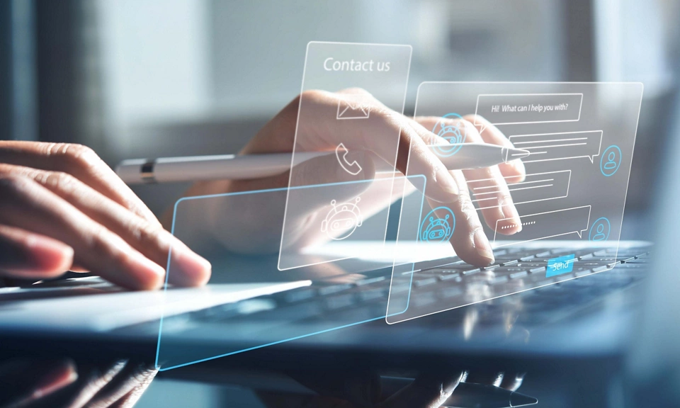 Chatbot conversation assistant. Person using online customer service with chat bot to get support. Artificial intelligence and CRM software technology, customer support center, CONTACT US