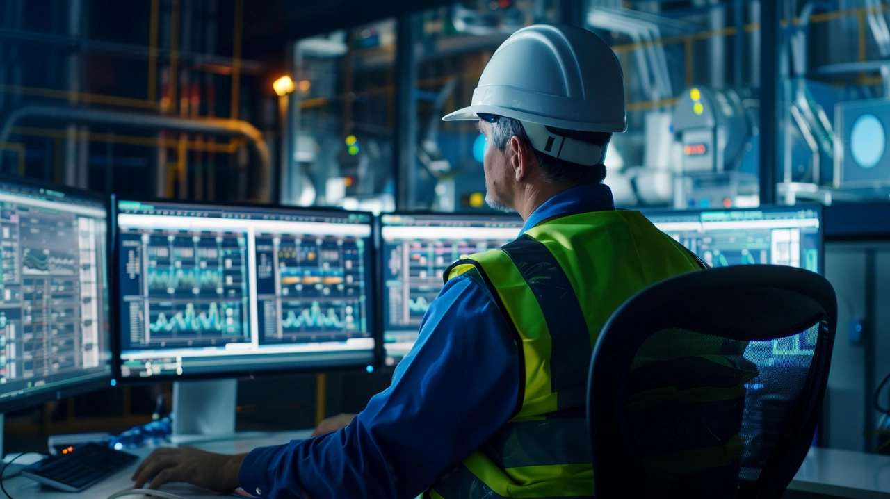 Engineer in hardhat and vest monitors data on multiple screens in an industrial control room.