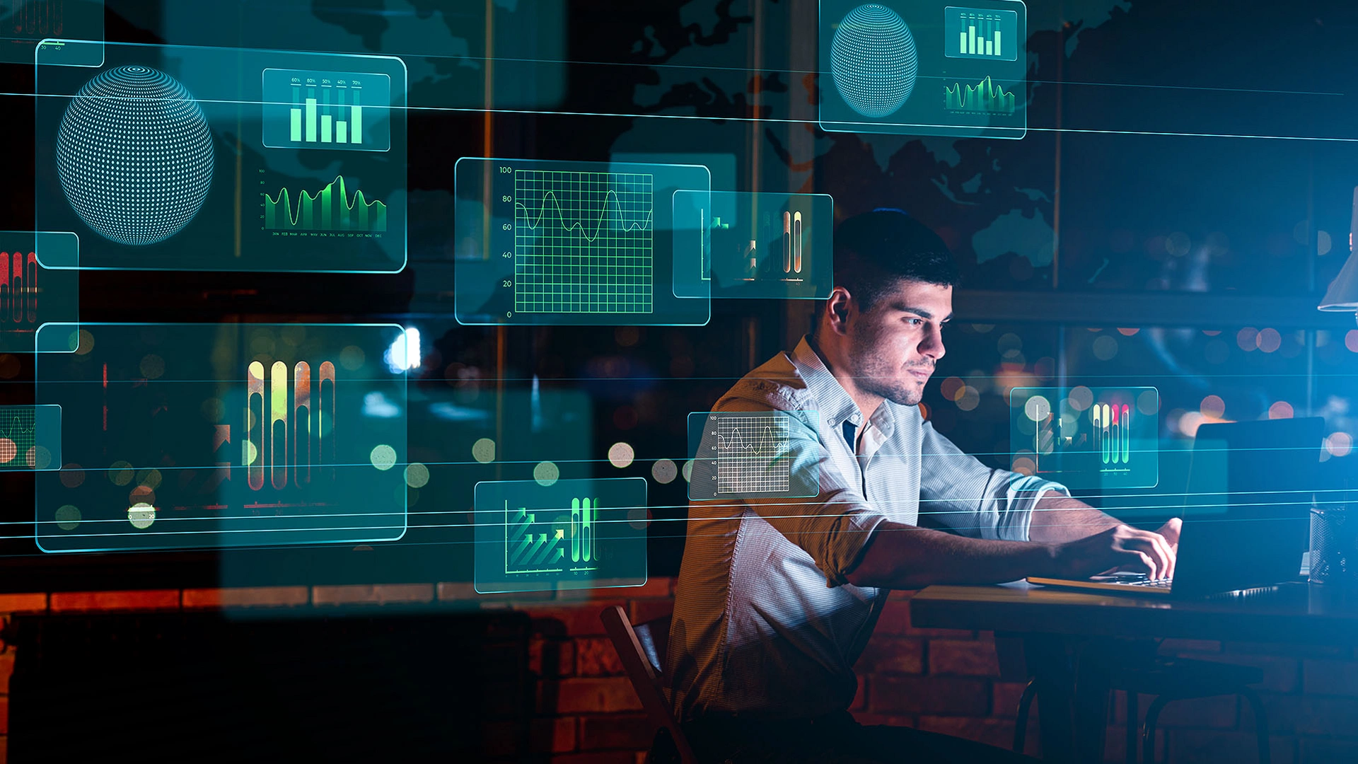 Creative Collage With Businessman Working In Office And Digital Interface With Business Graphs And Charts, Panorama