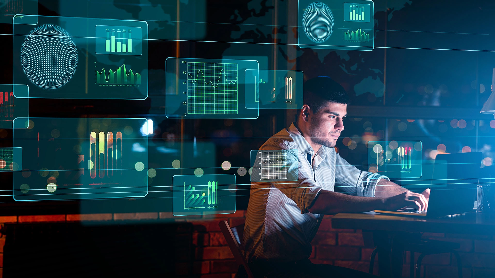 Creative Collage With Businessman Working In Office And Digital Interface With Business Graphs And Charts, Panorama