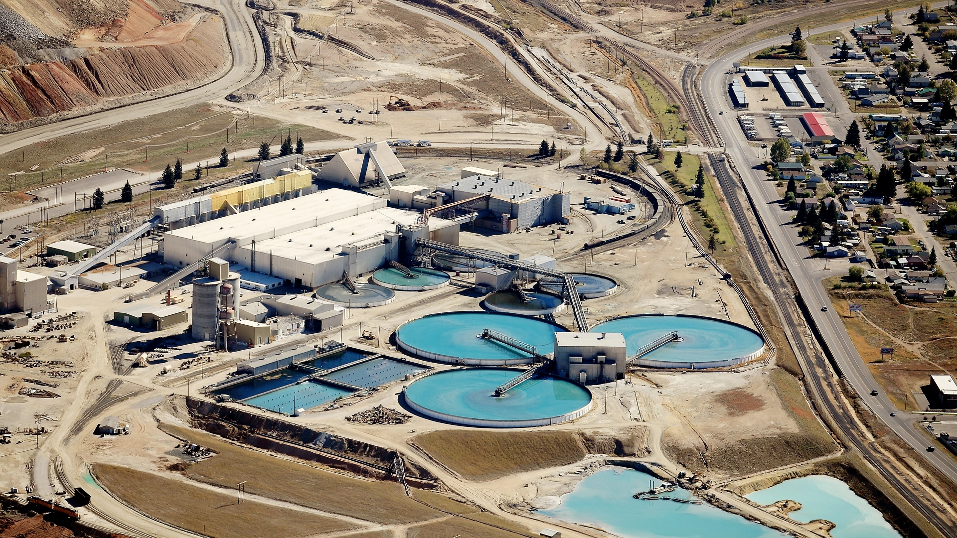 Aerial view of the water treatment facility at a copper mine
