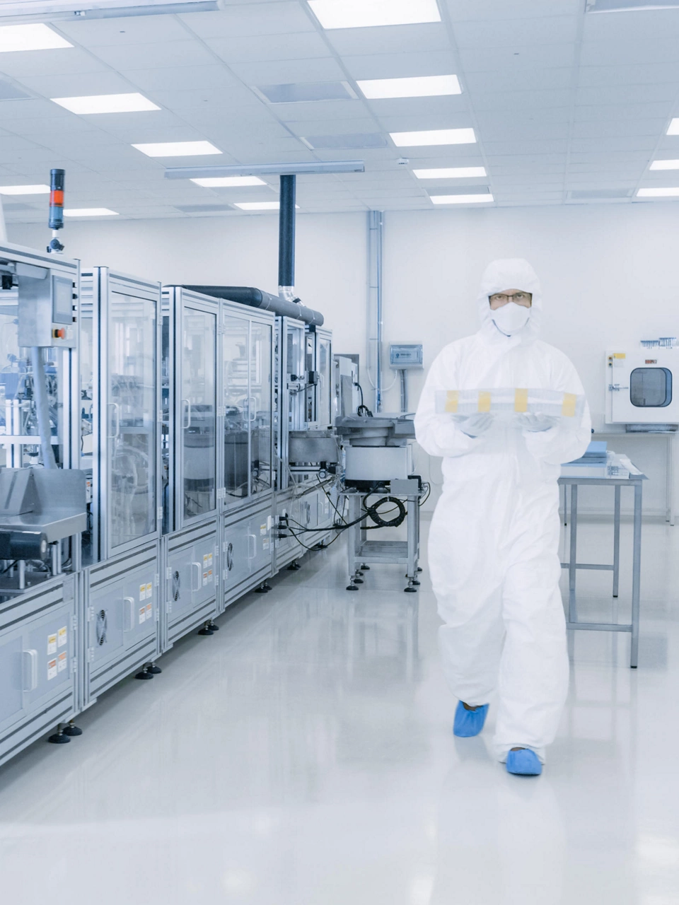 Shot of Sterile Pharmaceutical Manufacturing Laboratory where Scientists in Protective Coverall's Do Research, Quality Control and Work on the Discovery of new Medicine.