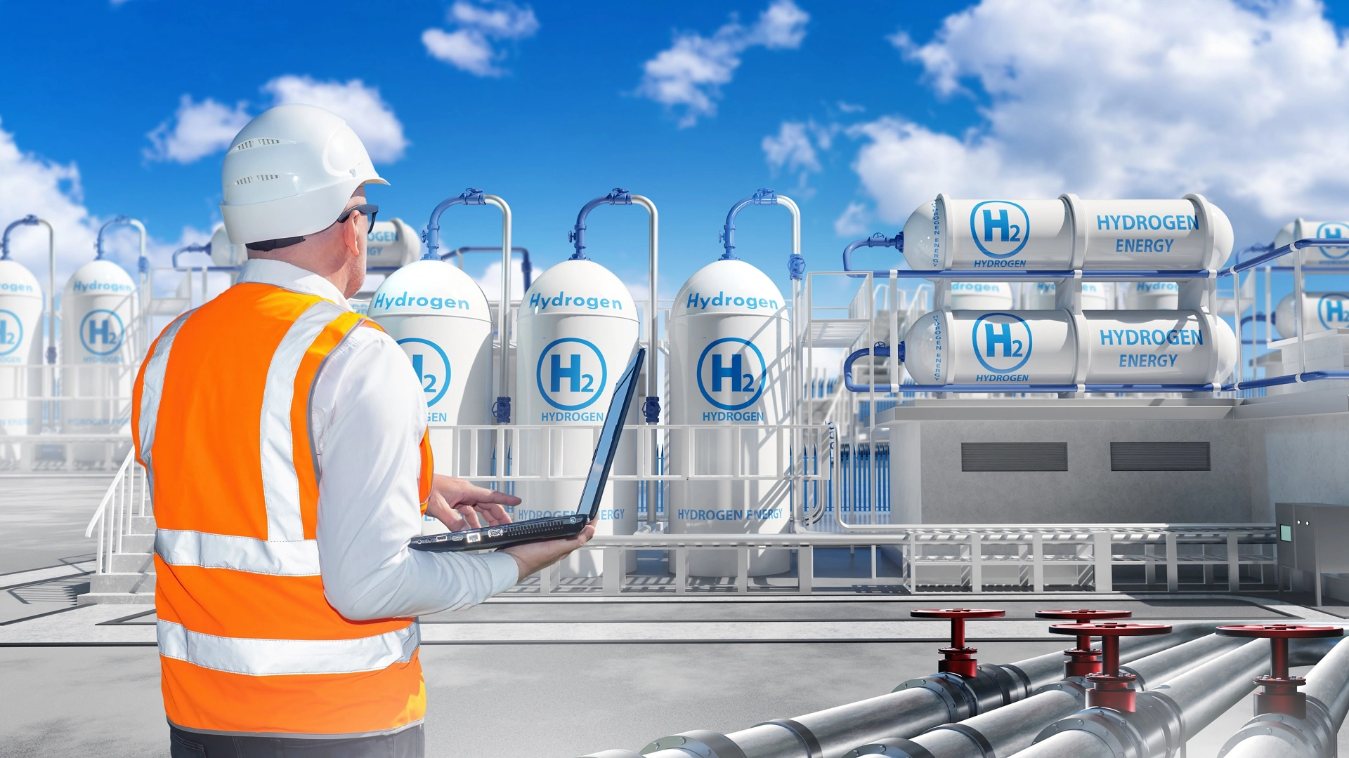 Man near hydrogen power plant. Factory for production of h2 gas. Hydrogen energy. Power plant technologist with laptop. Man inspects hydrogen manufactory. Innovative electrical station on sunny day