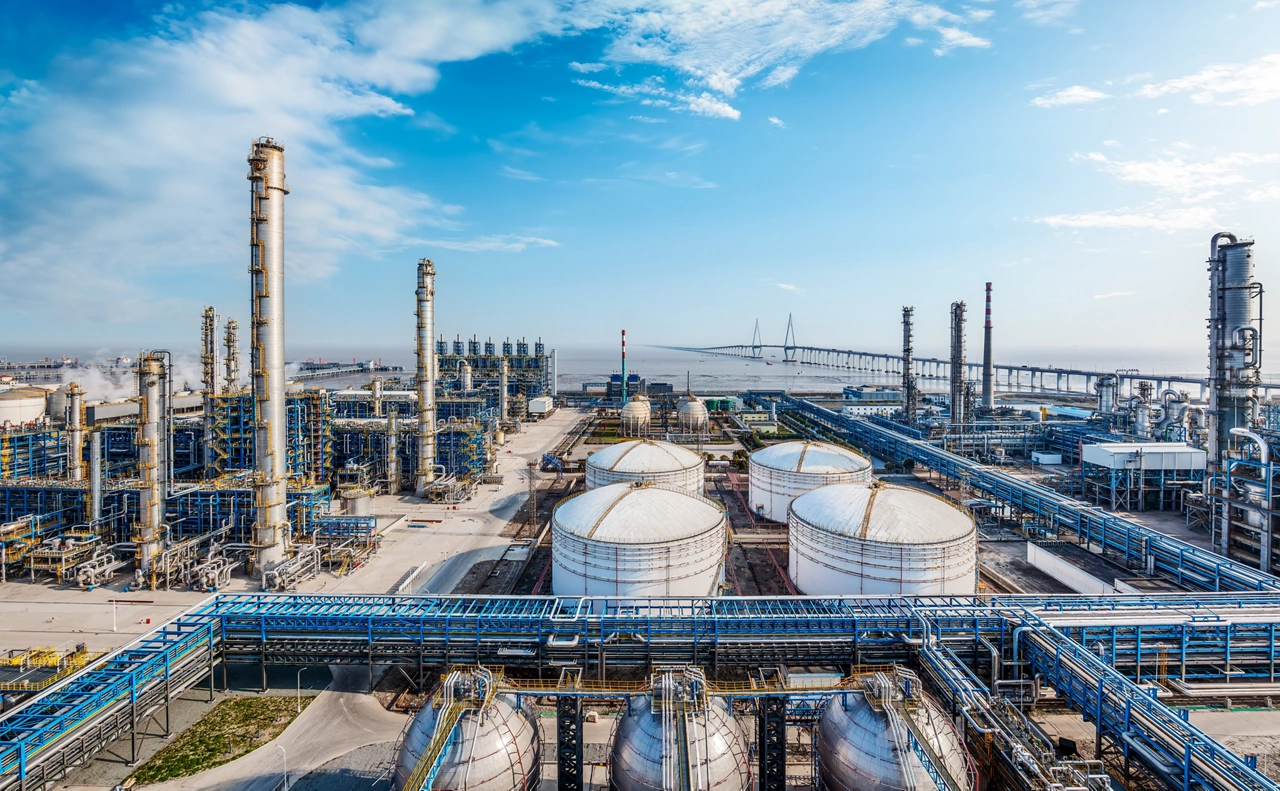 Petrochemical plant industrial equipment by the sea