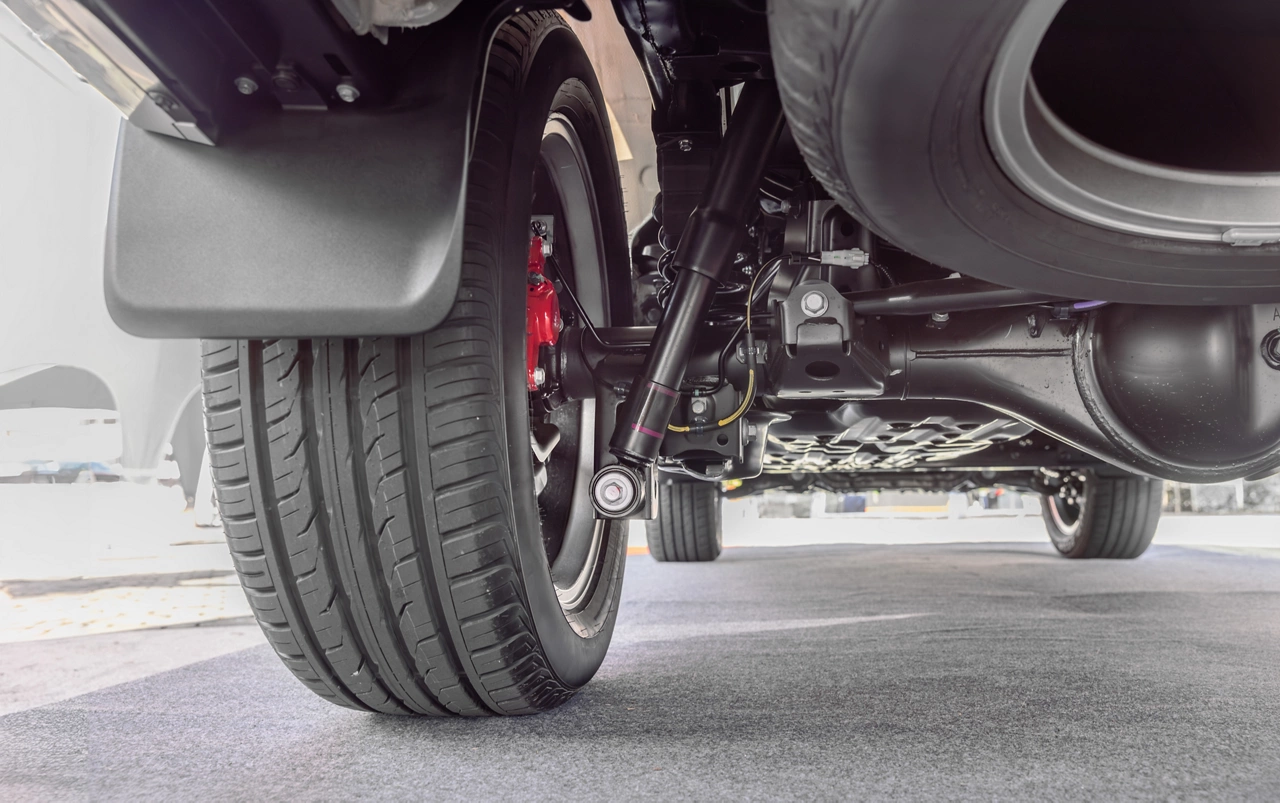SUV car suspension and rear drive shaft.