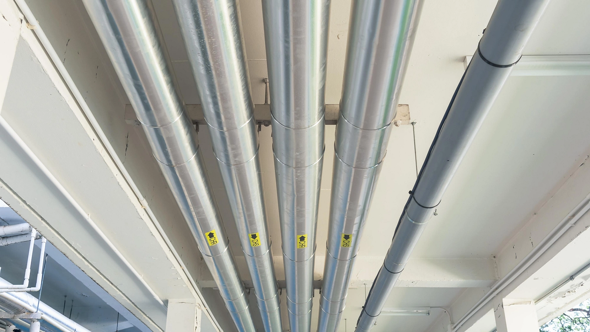 Chilled water supply and return pipe system. May called chr, chs. Provide cooling by using chilled water. To absorb heat from building, control process, condensation, energy conservation by insulation