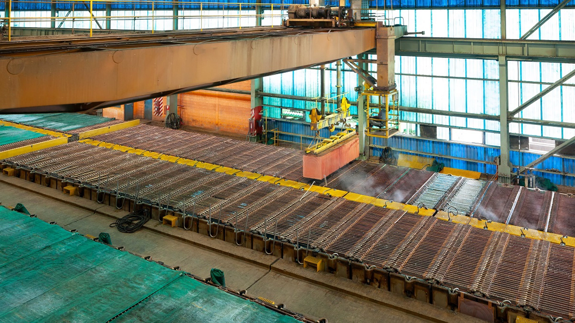 Copper cathodes at an electrowinning plant in a copper mine in Chile.