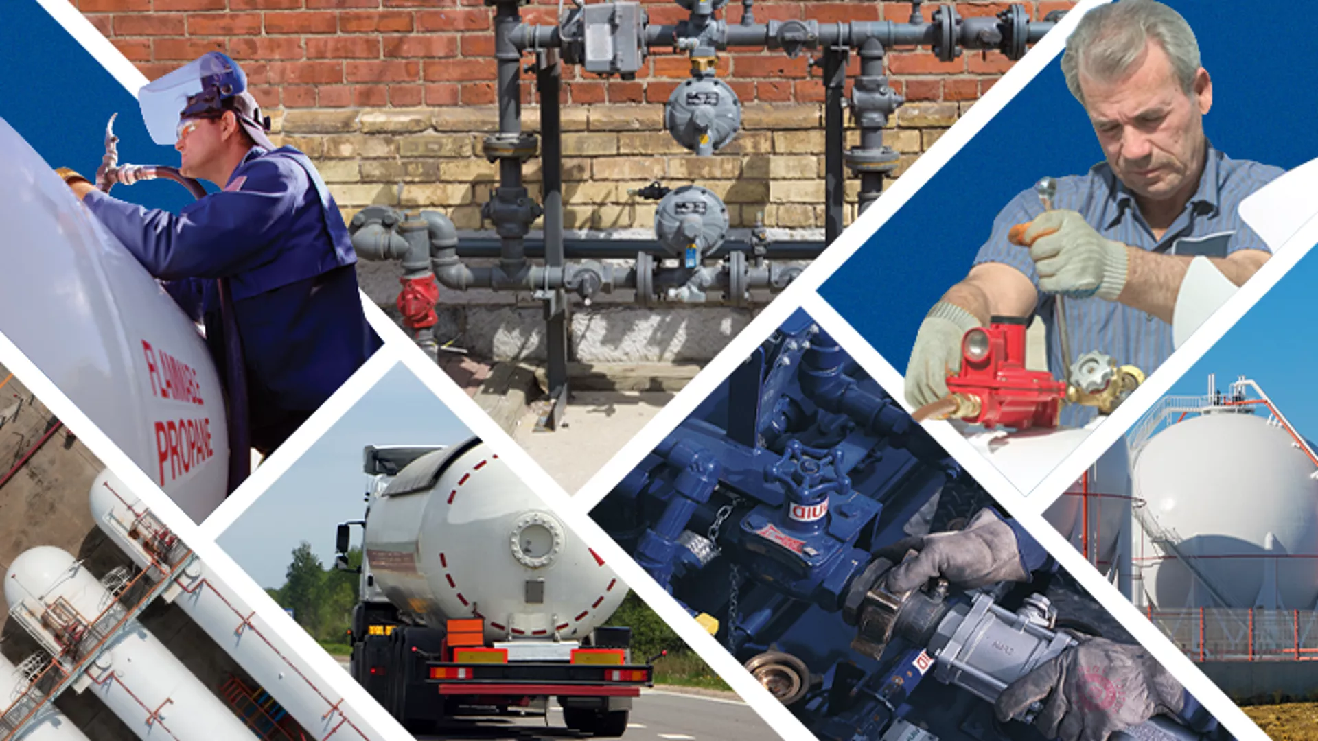 A collage showcases various scenes of propane handling and industrial equipment maintenance.