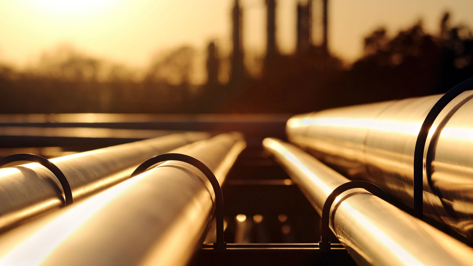 golden sunset in crude oil refinery with pipeline system