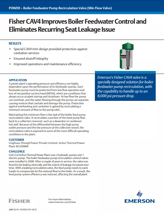 Fisher CAV4 Improves Boiler Feedwater Control Eliminates Recurring Seat Leakage Issue