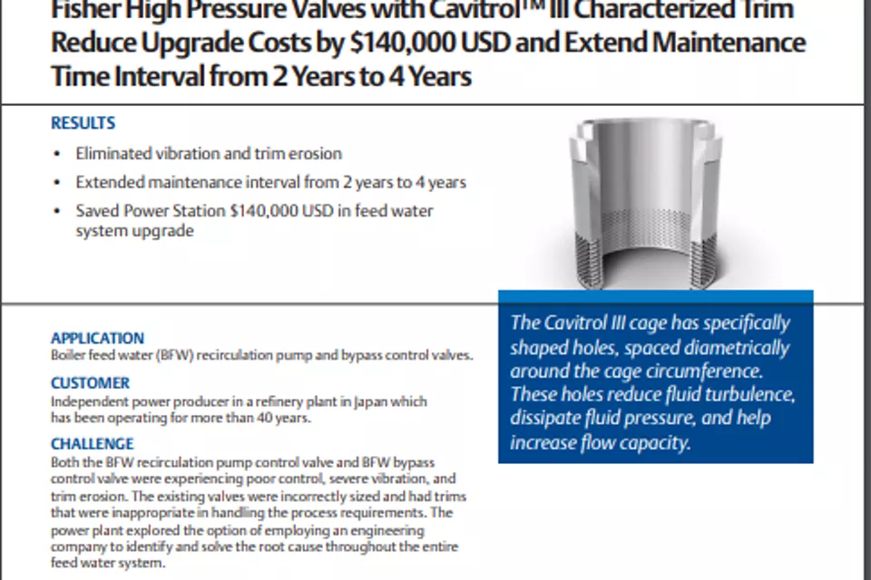 Fisher High Pressure Valves with Cavitrol™ III Characterized Trim Reduce Upgrade Costs by $140,000 USD and Extend Maintenance Time Interval from 2 Years to 4 Years