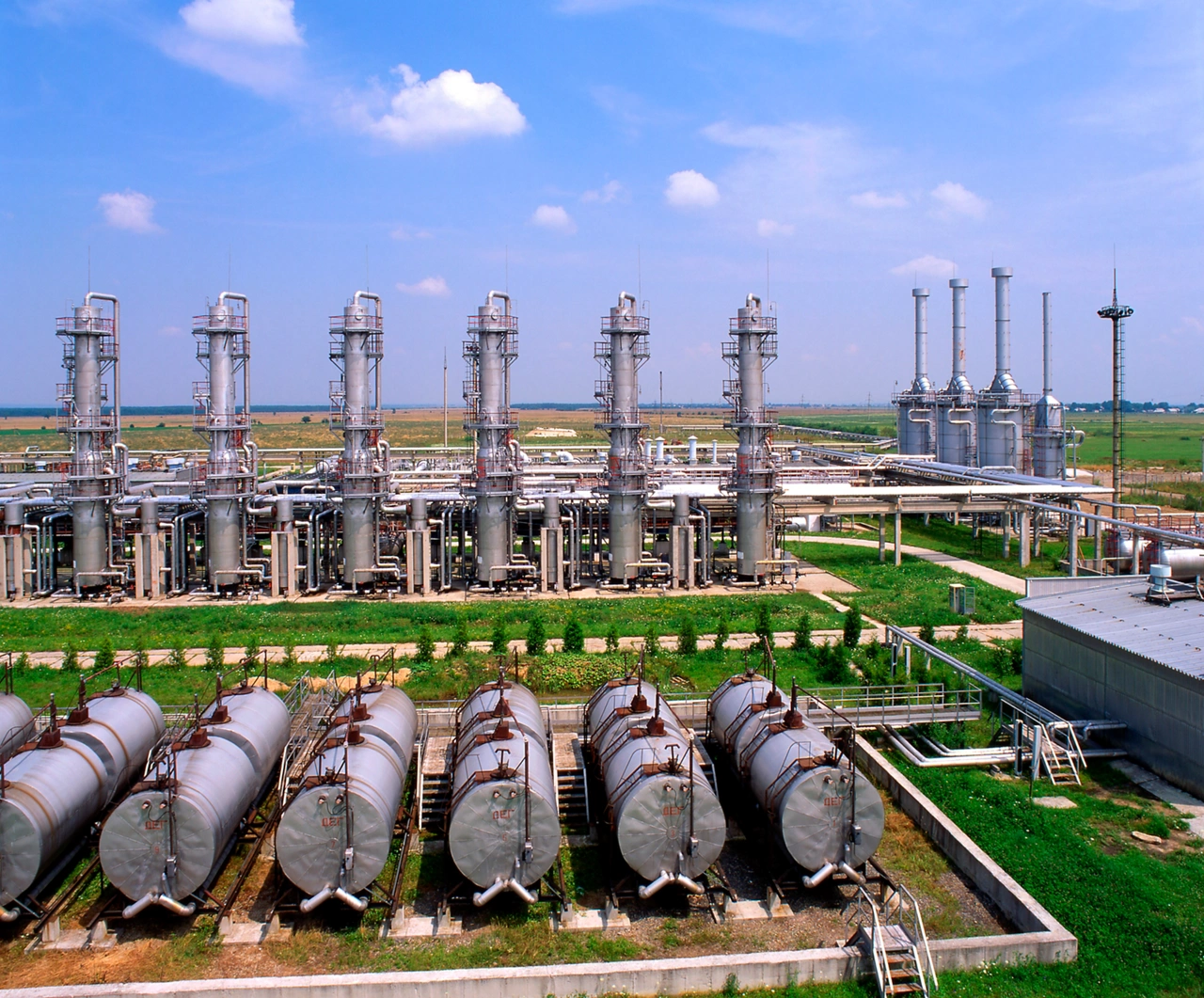 Process plant with storage tanks, towers and columns