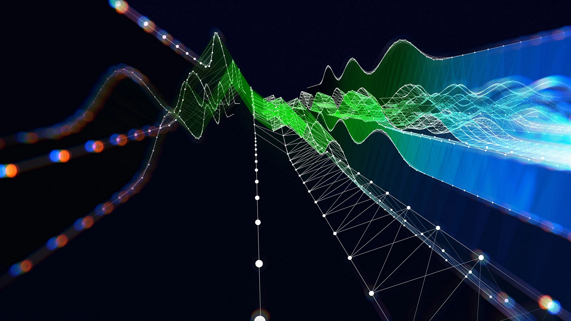 Abstract background color graph  wavy grid with defocus on dark. Big Data. Technology wireframe interlacement concept in virtual space. Banner for business, science and technology data analytics.