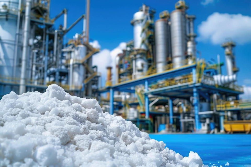 Blue Background with Urea Fertilizer in Chemical Plant