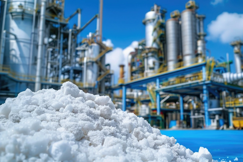 Blue Background with Urea Fertilizer in Chemical Plant