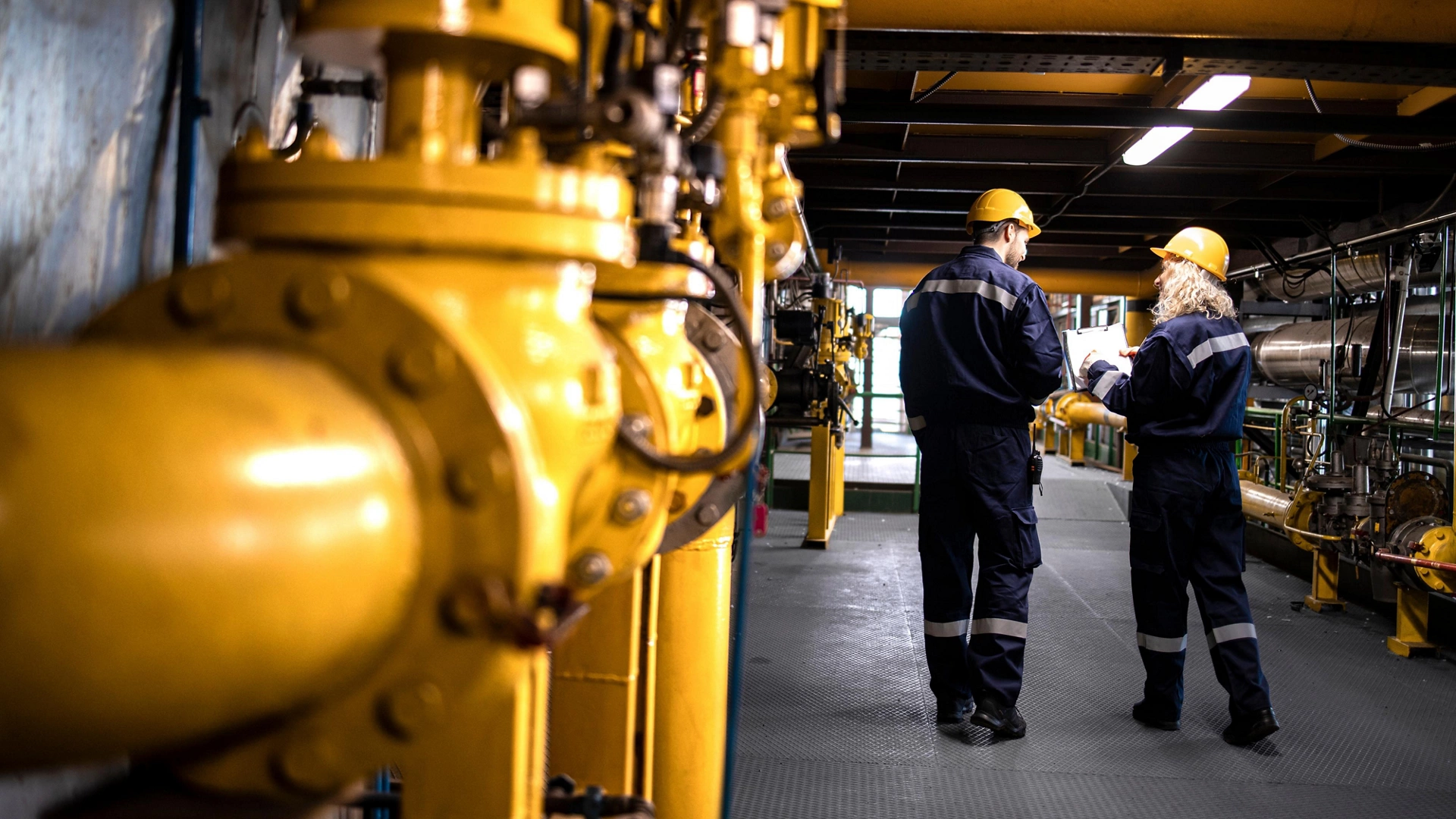 Petrochemical industry, oil and gas production. Factory workers or engineers walking by gas pipelines inside refinery production plant.