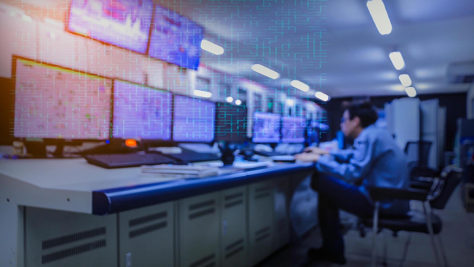 Blurred of man engineer works with the tablet in the production control room.Control room of a steam Turbine,Generators of the coal-fired power plant for monitor process, business and industry concept