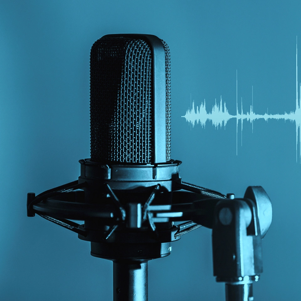 Professional microphone with waveform on blue background banner, Podcast or recording studio background