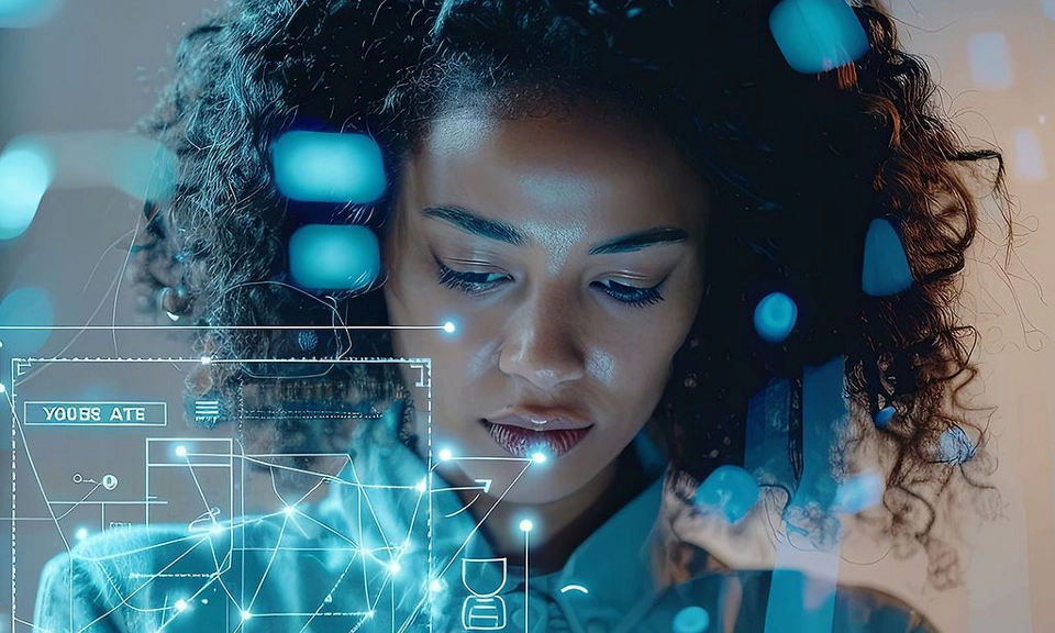 woman working on device with technology overlay