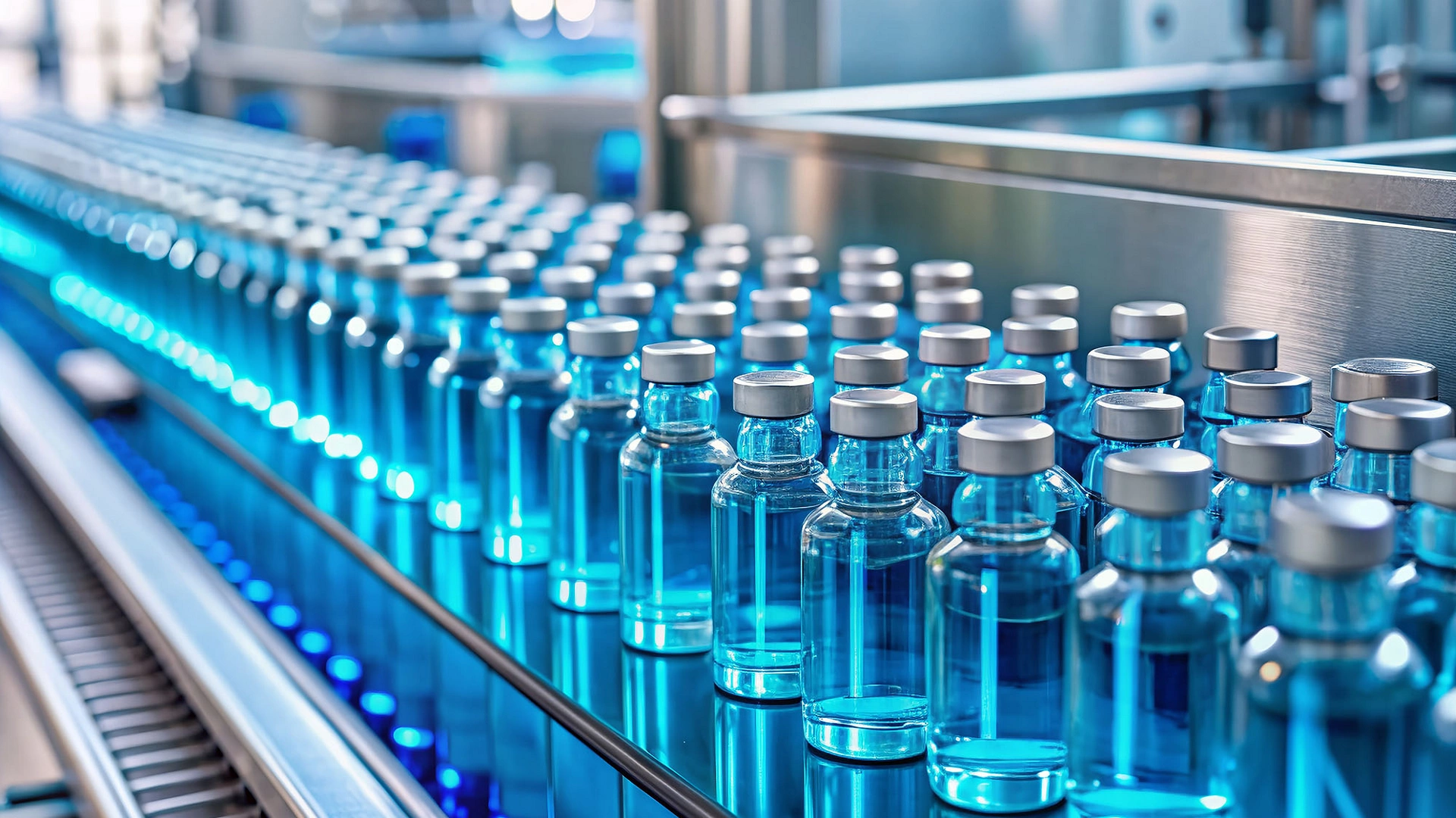 Rows of transparent vials filled with bright blue liquid glide along a modern production line in a sleek pharmaceutical factory, symbolizing innovation and vaccine development.