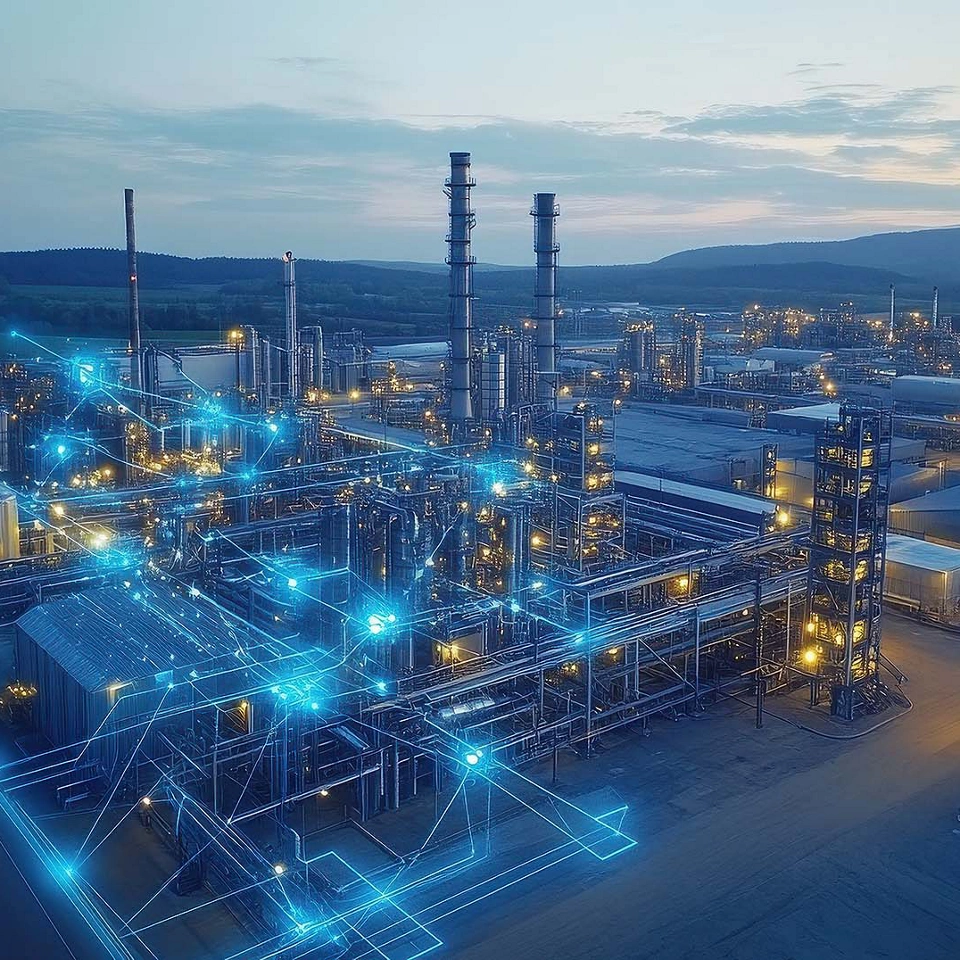 An aerial view of a sophisticated industrial area paired with graphics of a communication network highlights the significance of connectivity in contemporary industry.