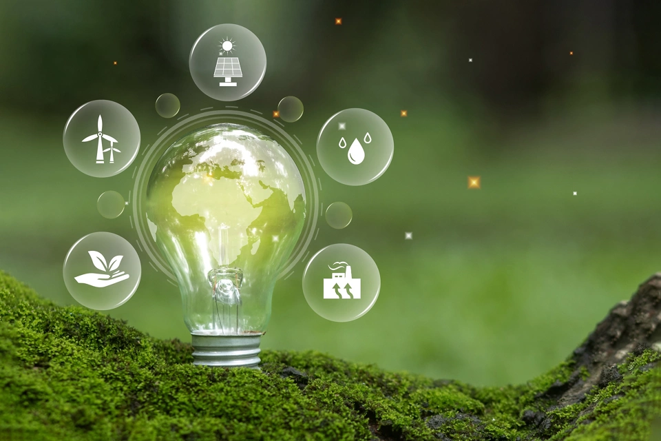 Renewable Energy. Light bulb with  energy sources icons for renewable sustainable development, green energy, clean energy in nature, environmental friendly and environmental concepts; Shutterstock ID 2345744067; purchase_order: Enterprise MARCOM; job: Public Relations Images; client: Various; other: Requested by Jacqueline Moreno