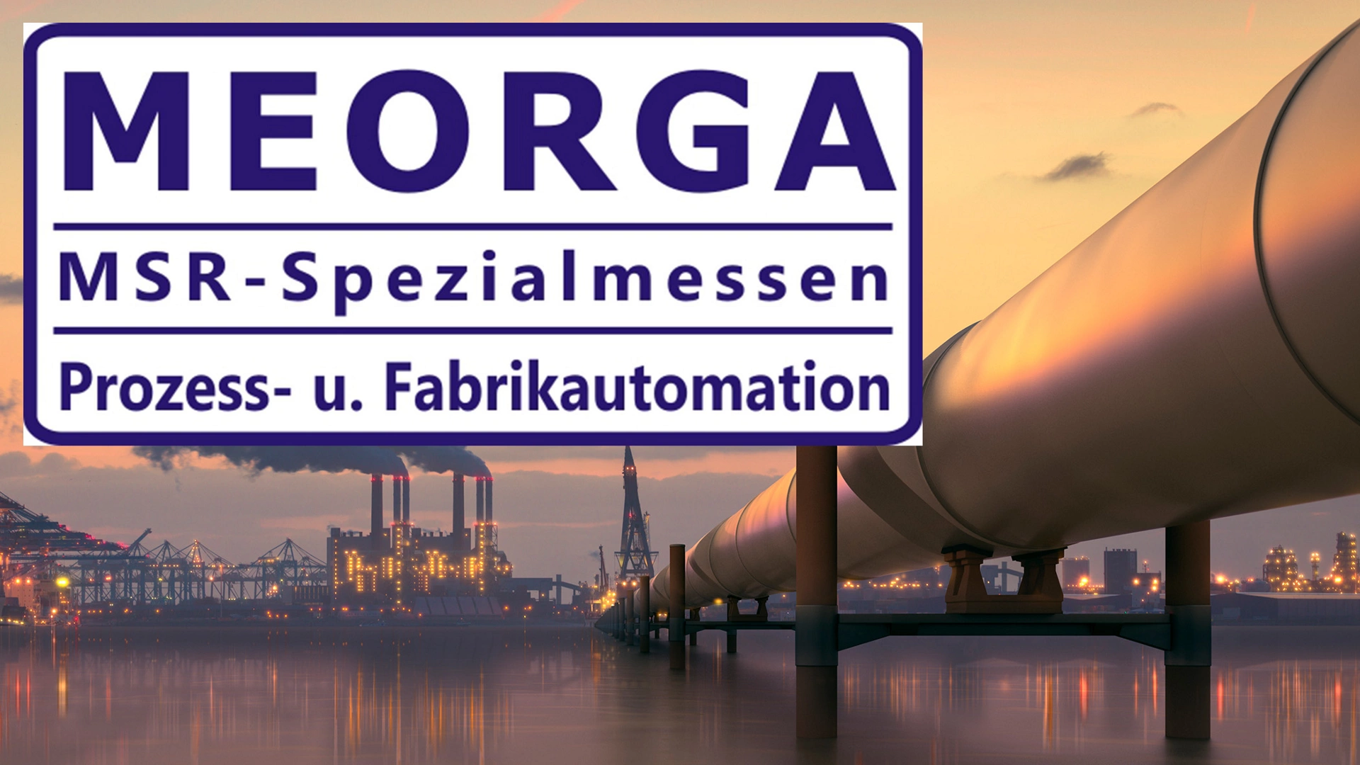meorga-event-banner-over-industrial-pipeline-and-refinery-background-at-sunset