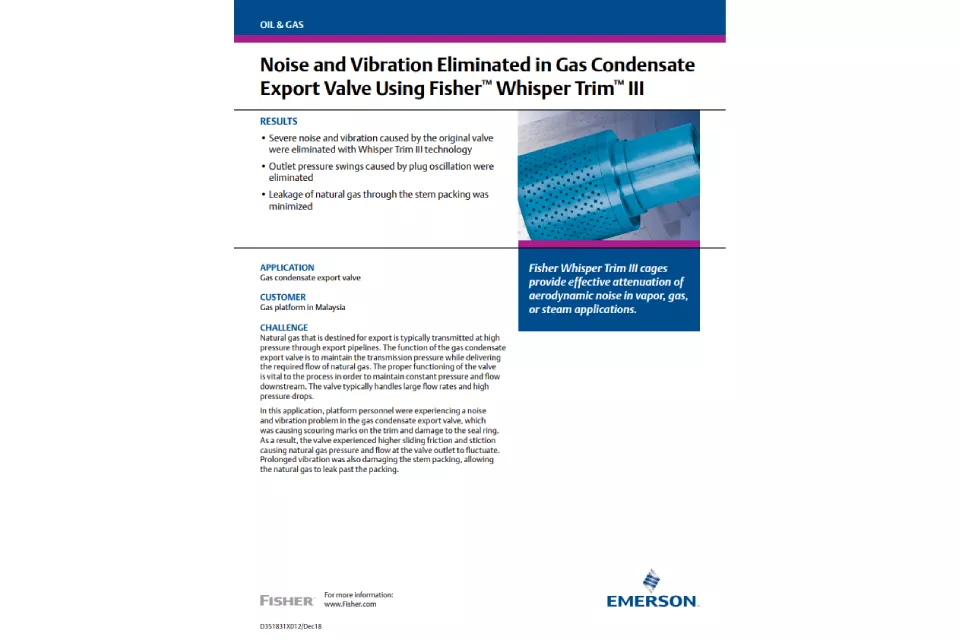 Noise and Vibration Eliminated in Gas Condensate Export Valve Using Fisher Whisper Trim III