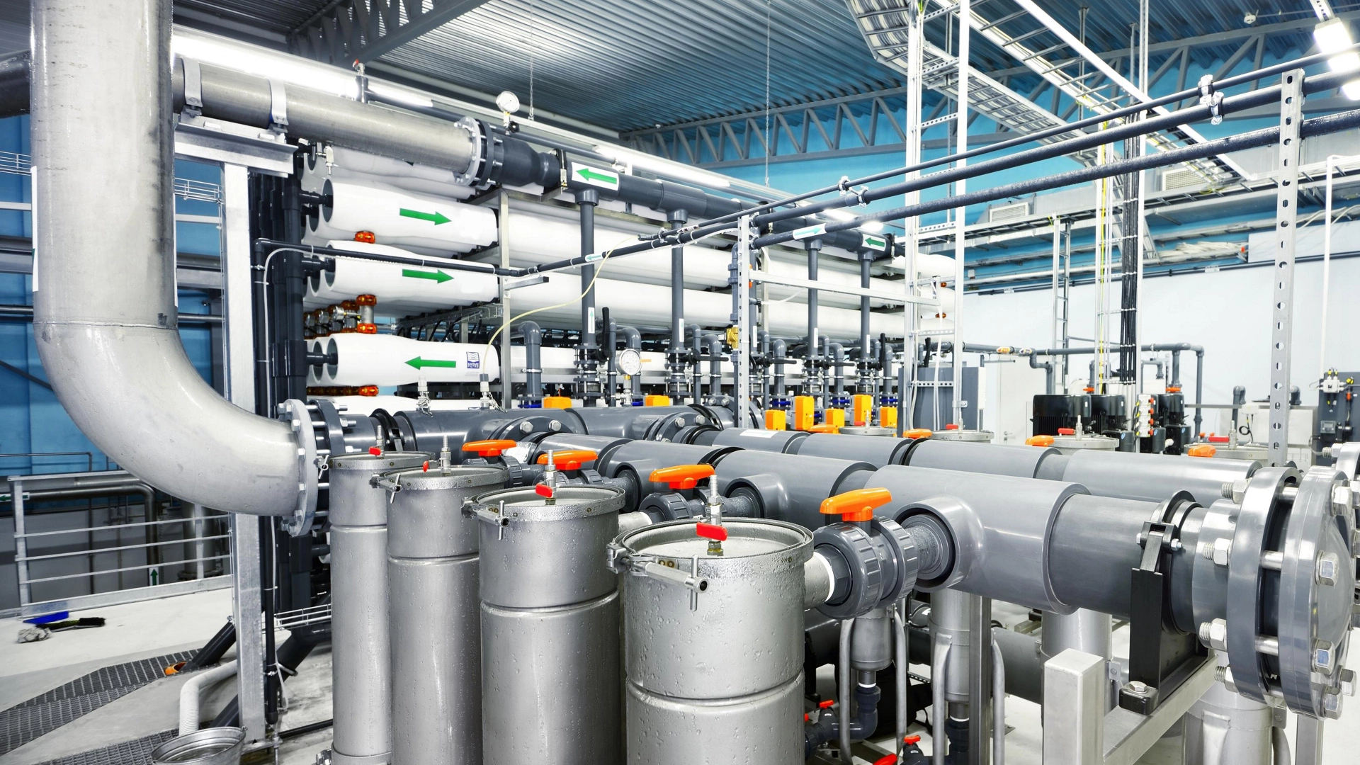 Reverse osmosis industrial city water treatment station. Wide angle perspective