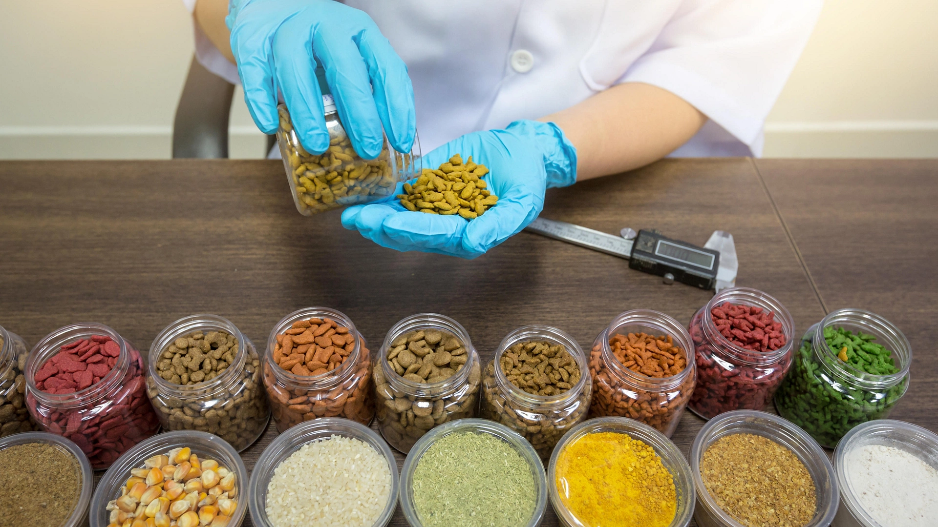 Laboratory staff are investigating the quality of pet food in her hand. Variety, Raw material selection, Quality inspection.