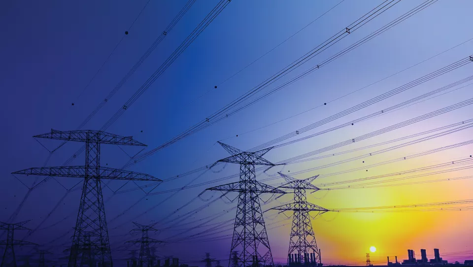 high-voltage-transmission-towers-and-power-lines-spanning-electric-grid-at-sunset-with-industrial-energy-facilities-on-horizon
