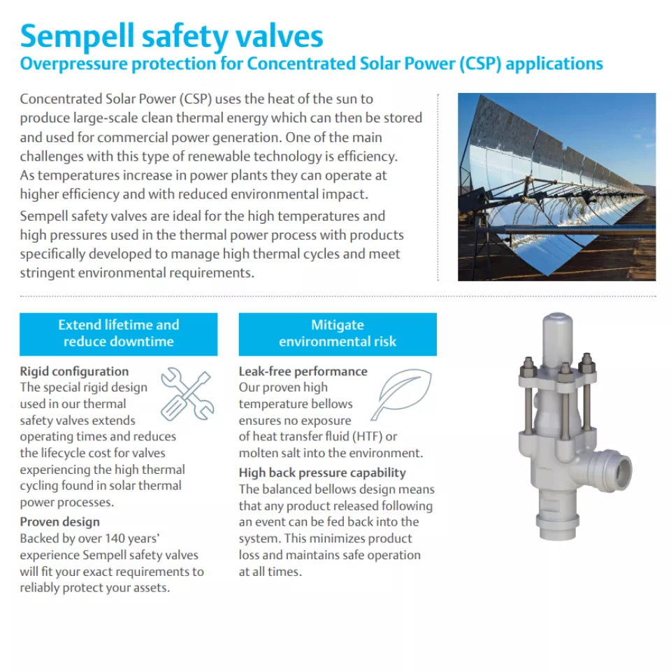 Flyer: Sempell safety valves for Concentrated Solar Power (CSP) applications