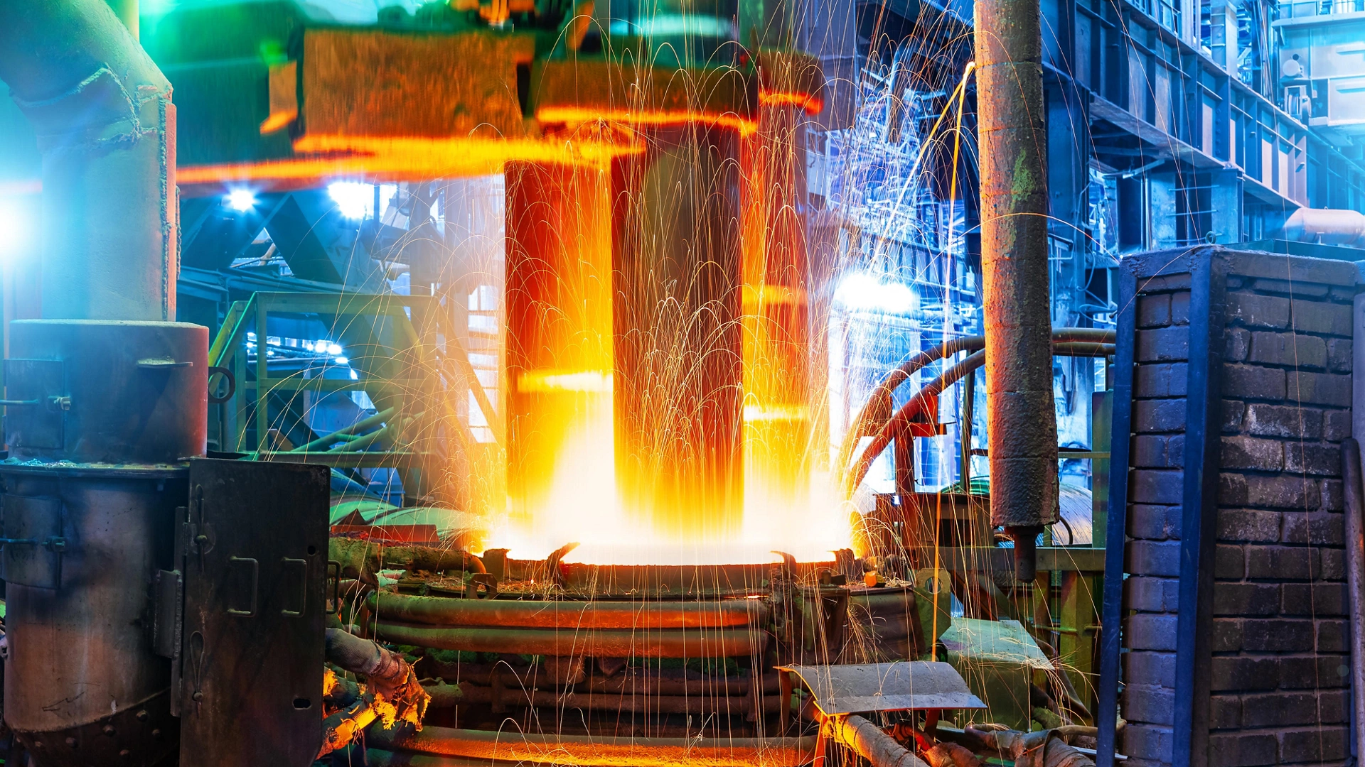 Working electroarc furnace at the metallurgical plant workshop