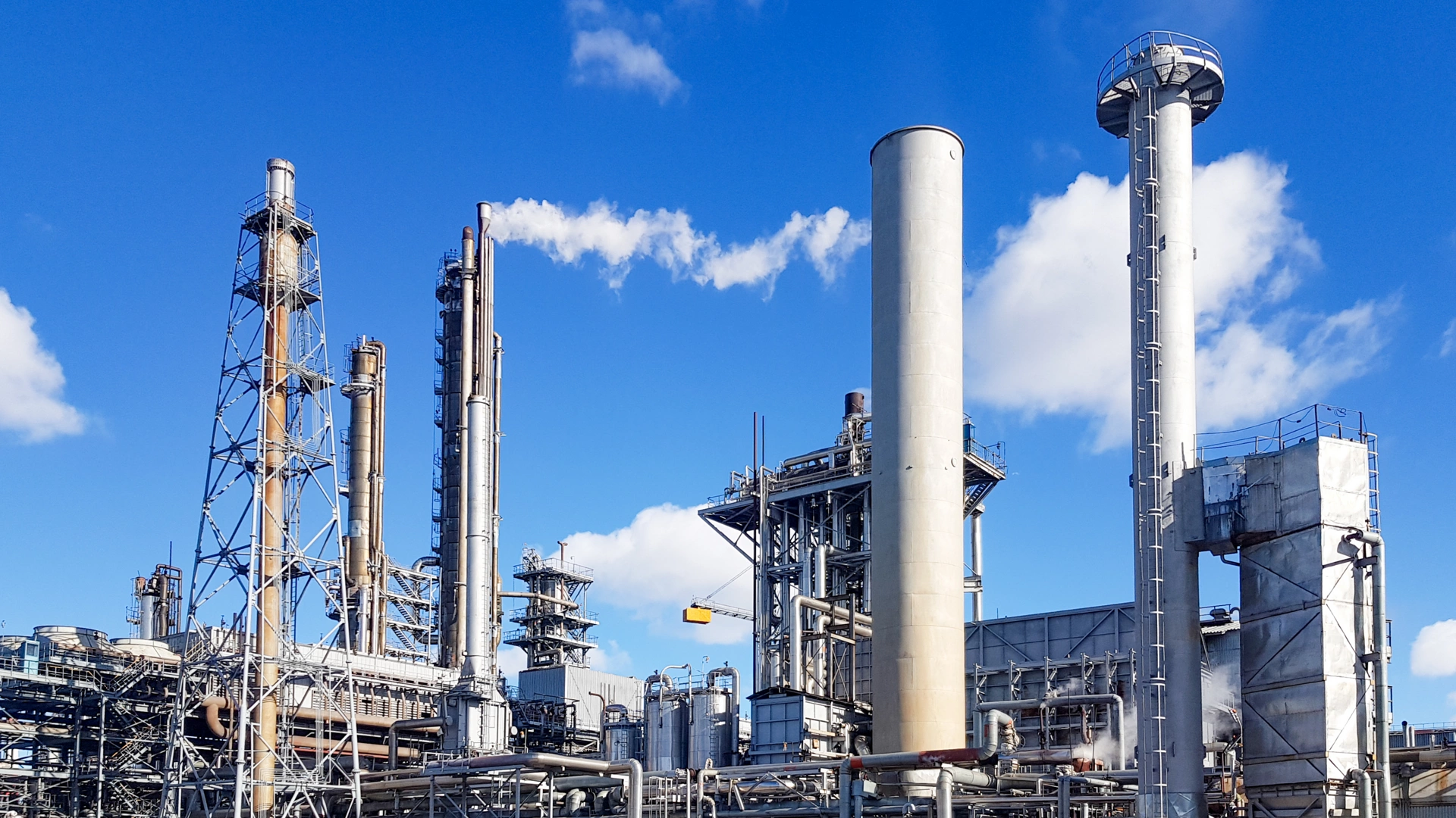Large-capacity workshop for the production of ammonia of a petrochemical plant. Exterior of tube furnace, Shaft converter, CO2 adsorber with copy space