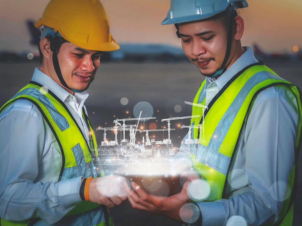 Architects and engineering create architectural works from their imaginations into 2D and 3D construction models for use in real-world construction,Technology futuristic virtual reality design.