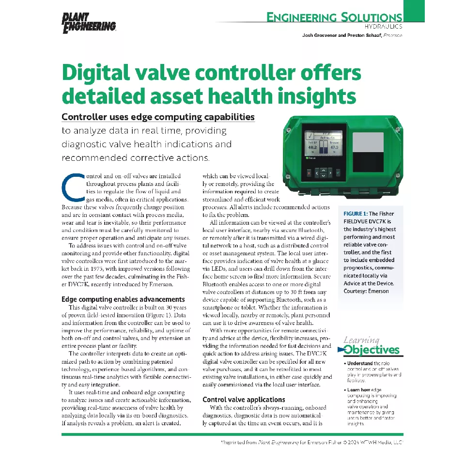Article: Digital Valve Controller Offers Detailed Asset Health Insights